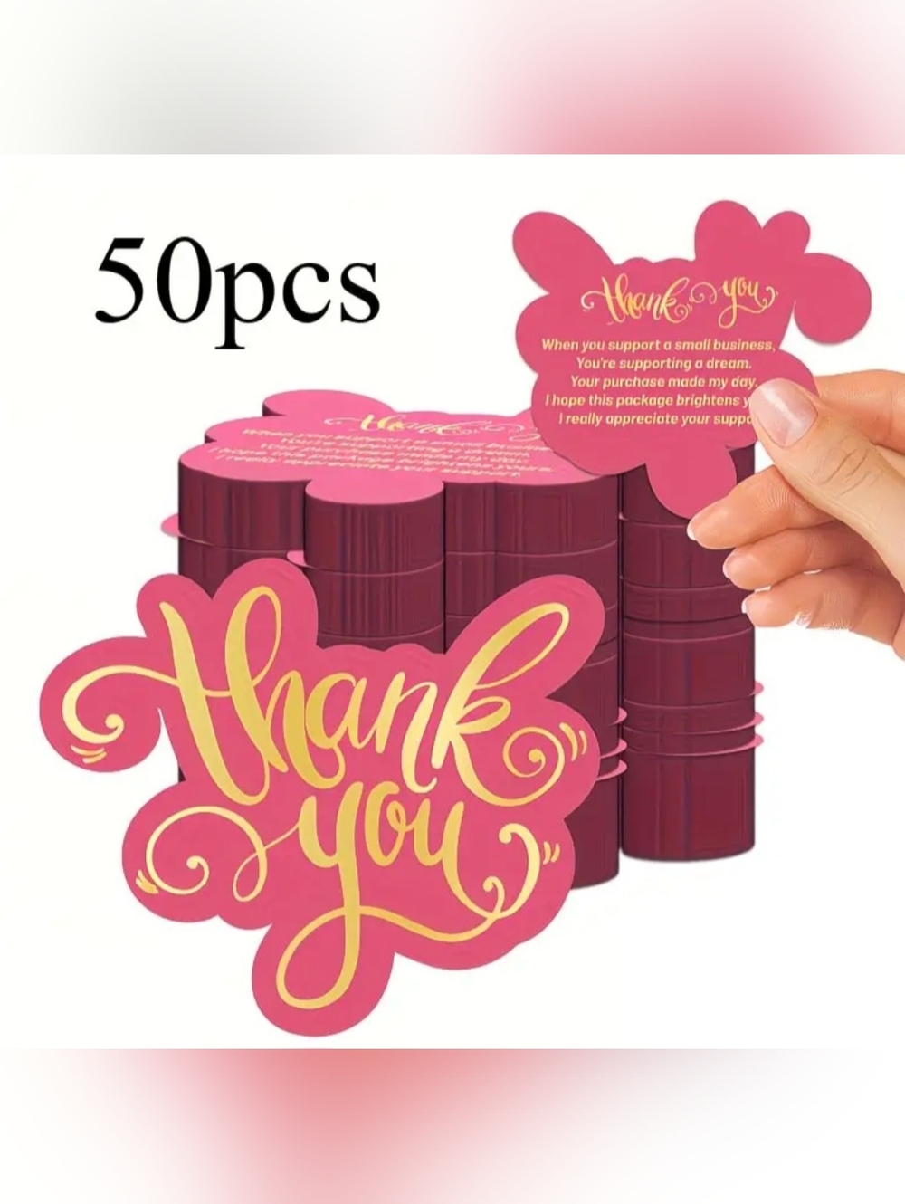 Thank You Card - Pink with Gold Script - 50 Pack